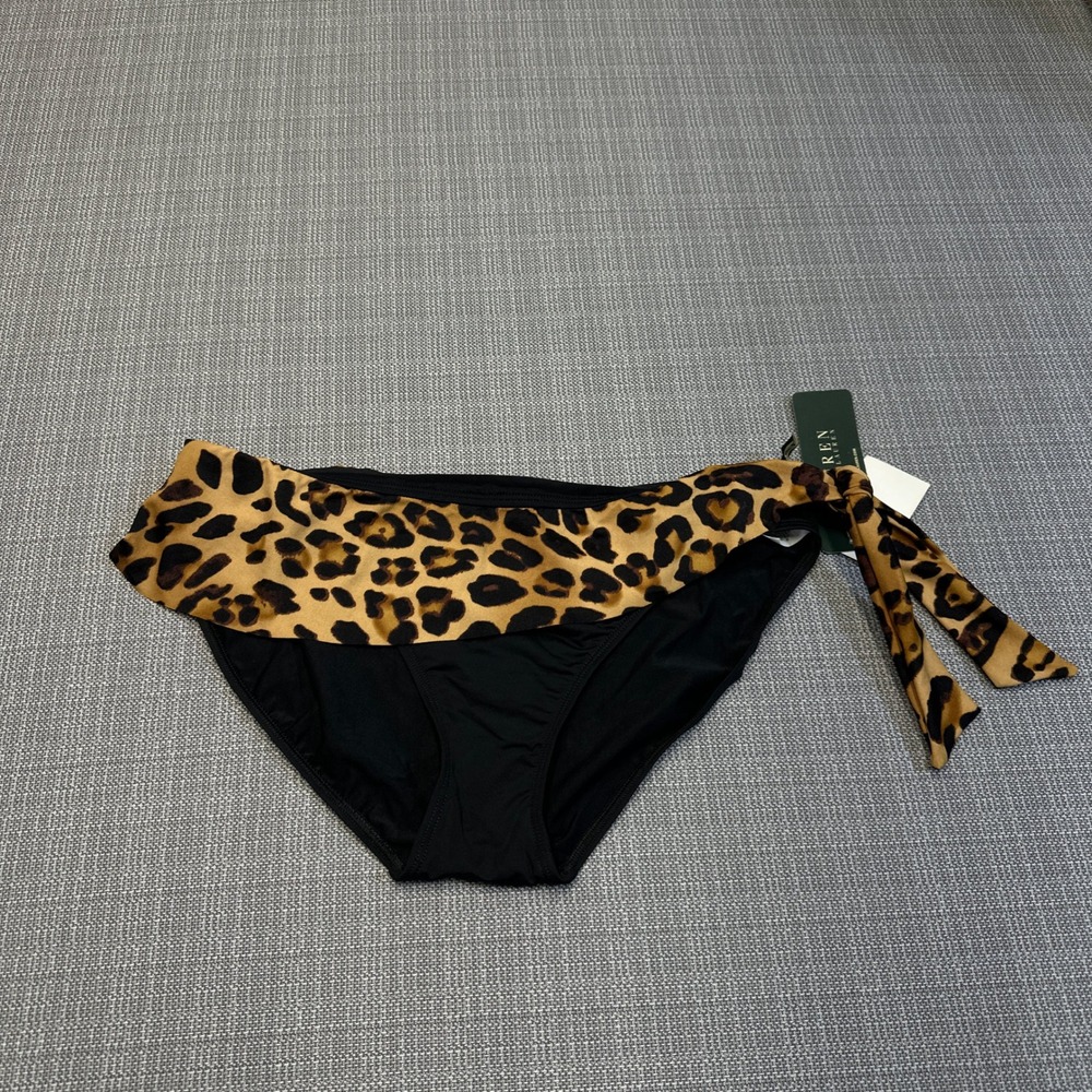 New Ralph Lauren LRL Leopard Print Bikini Bottoms Size 12 Brown Black Side Tie